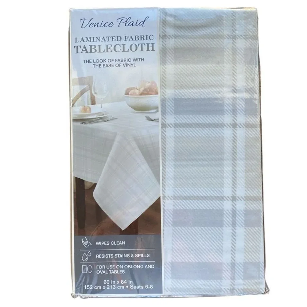 Venice Plaid Laminated Fabric Tablecloth Beige Wipes Clean Resists‎ Stain 60x84